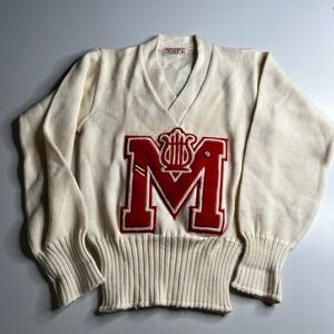 Vintage 1950s Indiana‎  Sand Knit Letterman Sweater Cream Red Chenille Patch